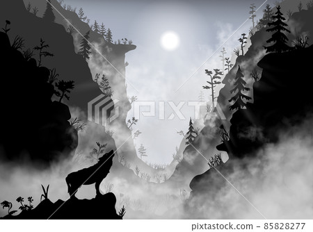 Silhouette of the wolf howling at the moon at night in front of the mountains inside the mist clouds Silhouette of the wolf howling at the moon at night in front of the mountains inside the mist clouds 85828277