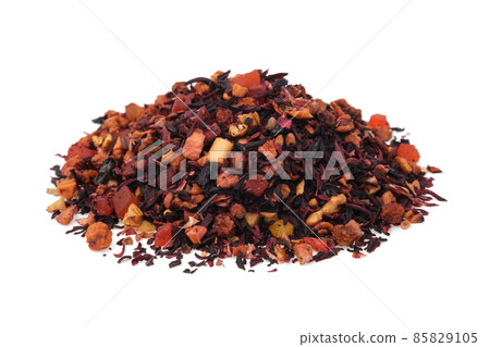 Pile of natural fruit tea with hibiscus petals, fruit slices and berries. Heap of aromatic fruit tea on white. 85829105
