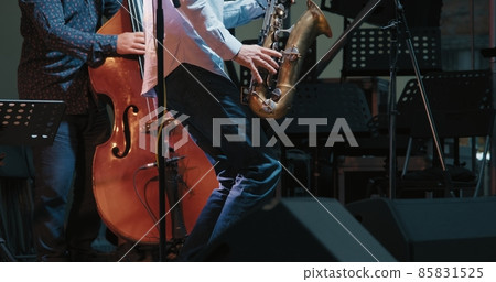 Caucasian men at a concert playing jazz and blues on saxophone and contrabass. Live musical performance and virtuosity of playing strings and wind instruments 85831525