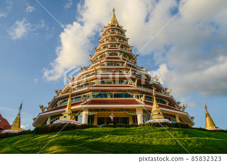 The traditional 9 floors Chinese pagoda of Wat Huay Pla Kang temple an iconic landmark in Chiang Rai province of Thailand. 85832323