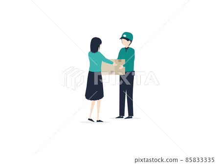 Illustration material of a man of a delivery company who delivers packages to young Japanese women 85833335
