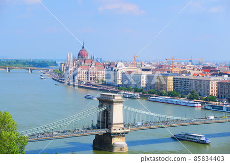 The Donau River and the World Heritage Cityscape as seen from the hill of the Royal Palace 85834403