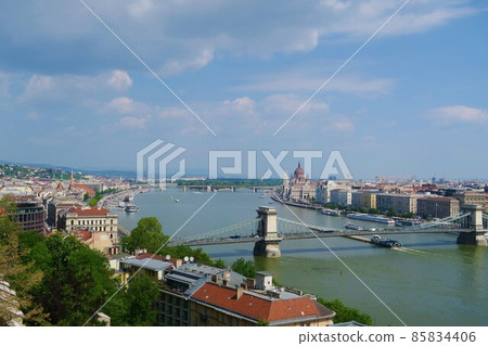 The Donau River and the World Heritage Cityscape as seen from the hill of the Royal Palace 85834406