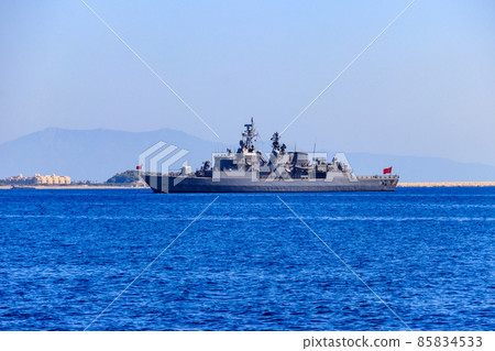 Turkish navy warship sailing in the Mediterranean sea. Protection of water borders of Turkey 85834533