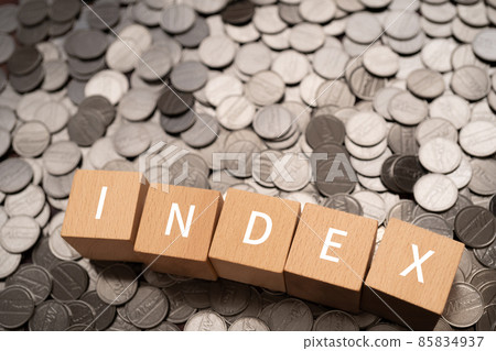Blocks and coins labeled "INDEX" Blocks and coins labeled "INDEX" 85834937