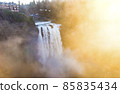 snowqualmie fall at sunset with a lot of fog. snowqualmie fall at sunset with a lot of fog. 85835434