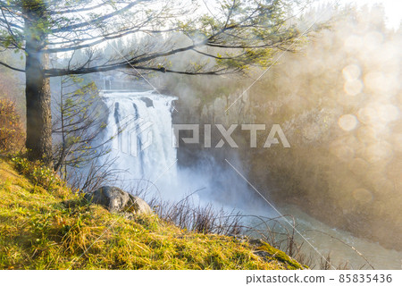 snowqualmie fall at sunset with a lot of fog. snowqualmie fall at sunset with a lot of fog. 85835436