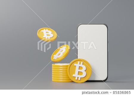 3d render Minimal mobile phone or smartphone for work with white copy space and stack of cryptocurrency bitcoin for mock up and web banner. Defi crypto concept. 3d render Minimal mobile phone or smartphone for work with white copy space and stack of cryptocurrency bitcoin for mock up and web banner. Defi crypto concept. 85836865