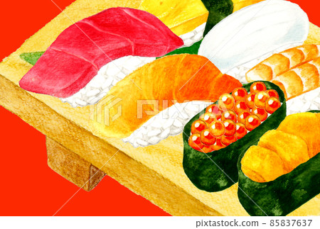 Hand-painted watercolor illustration of sushi on sushi clogs Postcard size Japanese / Japanese food postcard material Hand-painted watercolor illustration of sushi on sushi clogs Postcard size Japanese / Japanese food postcard material 85837637