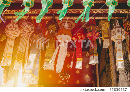 beautiful hanging yipeng paper lamp northern Thai Lanna traditional art style in temple 85839587