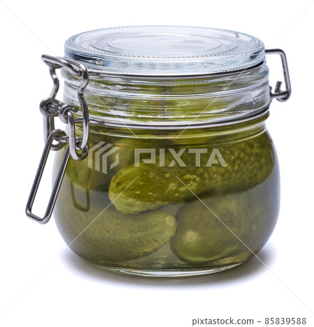 Can of Tasty green cornichons isolated on a white background 85839588