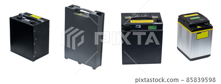 Type of rechargeable vehicle battery cell power storage for EV car or motorcycle isolated on white background 85839598