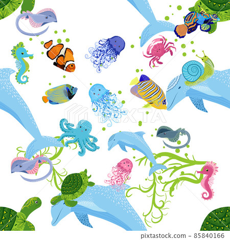 Marine life, fish, animals bright seamless pattern. sea travel, underwater diving animal tropical fish. Jellyfish, whale, shark, seahorse, clown fish, dolphin, turtle emperor fish octopus stingray 85840166