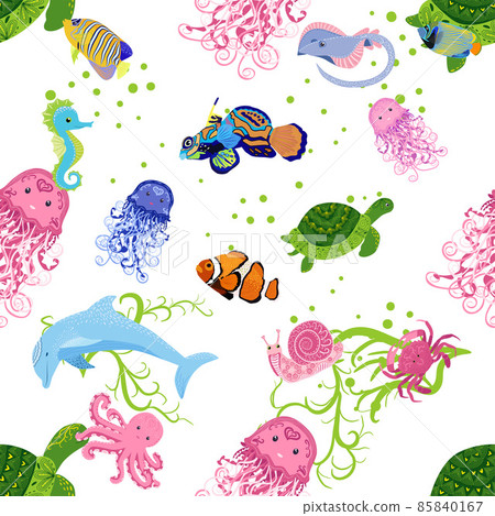 Marine life, fish, animals bright seamless pattern. sea travel, underwater diving animal tropical fish. Jellyfish, whale, shark, seahorse, clown fish, dolphin, turtle emperor fish octopus stingray 85840167