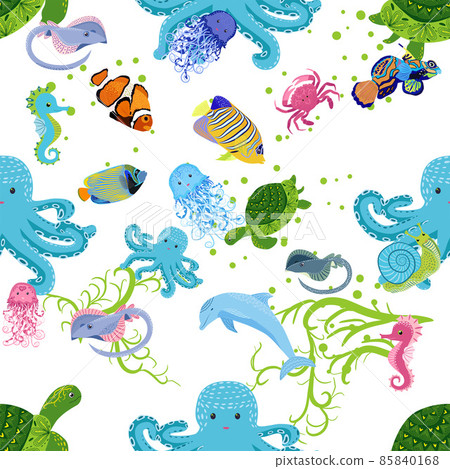 Marine life, fish, animals bright seamless pattern. sea travel, underwater diving animal tropical fish. Jellyfish, whale, shark, seahorse, clown fish, dolphin, turtle emperor fish octopus stingray 85840168