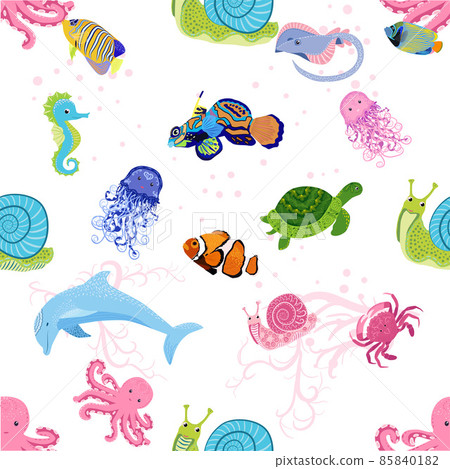 Marine life, fish, animals bright seamless pattern. sea travel, underwater diving animal tropical fish. Jellyfish, whale, shark, seahorse, clown fish, dolphin, turtle emperor fish octopus stingray Marine life, fish, animals bright seamless pattern. sea travel, underwater diving animal tropical fish. Jellyfish, whale, shark, seahorse, clown fish, dolphin, turtle emperor fish octopus stingray 85840182