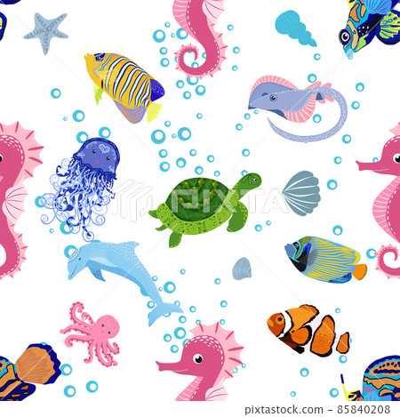 Marine life, fish, animals bright seamless pattern. sea travel, underwater diving animal tropical fish. Jellyfish, whale, shark, seahorse, clown fish, dolphin, turtle emperor fish octopus stingray Marine life, fish, animals bright seamless pattern. sea travel, underwater diving animal tropical fish. Jellyfish, whale, shark, seahorse, clown fish, dolphin, turtle emperor fish octopus stingray 85840208