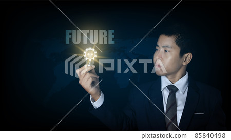 Businessman holding light bulb with a gear icon and virtual screen with word future. future innovation idea concept. 85840498