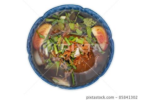 Oxtail soup, traditional muslim food with ox tail puree with spices isolated on white background - clipping paths Oxtail soup, traditional muslim food with ox tail puree with spices isolated on white background - clipping paths 85841302