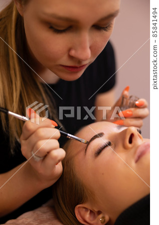 Cosmetologist Applying Dye On Female Client's Eyebrow 85841494