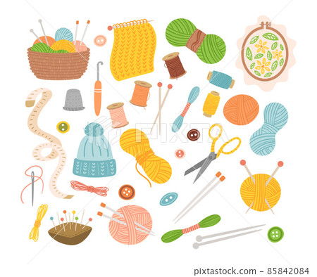 Tools for knitting and sewing flat vector illustrations set 85842084