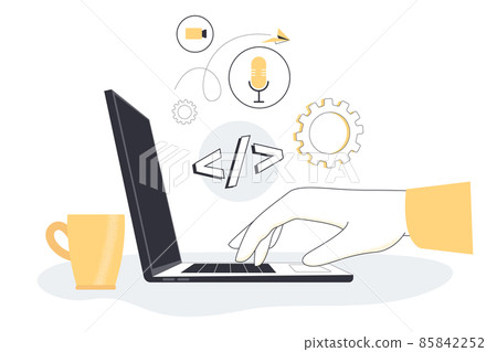 Human hand typing on computer with different symbols above 85842252