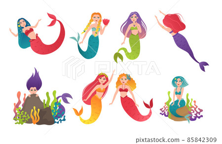 Cute mythical princess and corals with seaweed underwater Cute mythical princess and corals with seaweed underwater 85842309