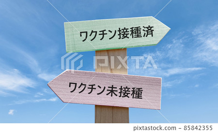 Vaccinated and unvaccinated character signposts and blue sky Vaccinated and unvaccinated character signposts and blue sky 85842355
