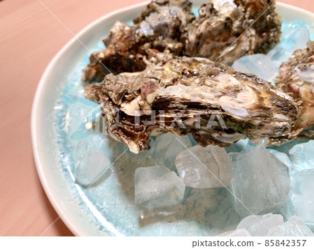 Oysters in the shell on a blue plate photo material 85842357
