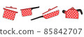 complete set of kitchen equipment, kitchen utensils. Flat style vector illustration. Colorful red, white and black. Black stroke 85842707