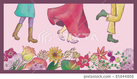 復古插畫，跑步，花卉圖案，花田，好朋友，散步，朋友，友誼，外出，跳過購物 85844808
