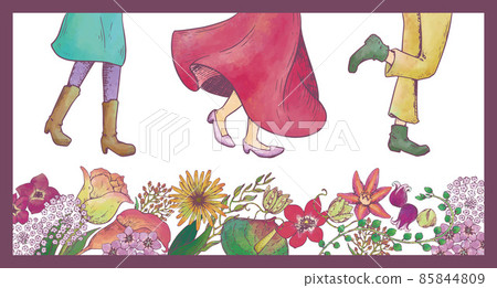 復古插畫，跑步，花卉圖案，花田，好朋友，散步，朋友，友誼，外出，跳過購物 85844809