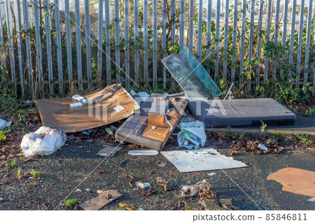 Fly-tipped matresses and bags of grocery rubbish, Manchester, UK. 85846811