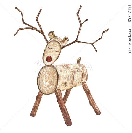 Scandinavian deer. Watercolor wooden toy . Vintage hand-drawn illustration for christmas postcard, poster, souvenir, kids cards, birthday, background, Greeting card, invitation. isolated on white. 85847151