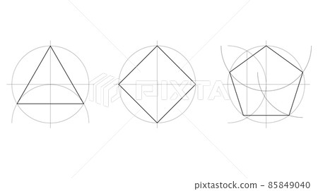 geometry lesson, technical geometric construction of a equilateral triangle, square and pentagon, two-dimensional shapes geometric drawing in black lines, vector isolated on white background 85849040