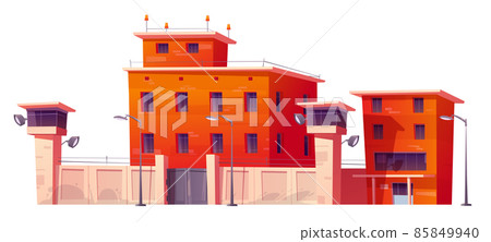 Prison building, jail with fence and watchtowers Prison building, jail with fence and watchtowers 85849940