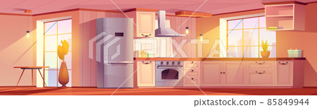 Kitchen interior with dining table, fridge, stove 85849944