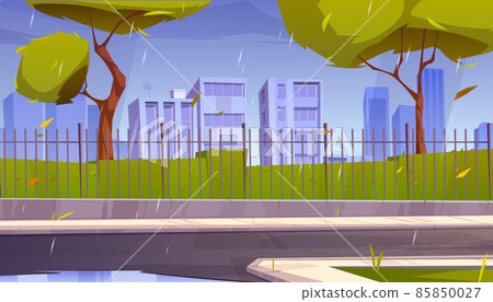 City street at rainy weather, urban skyline, town 85850027
