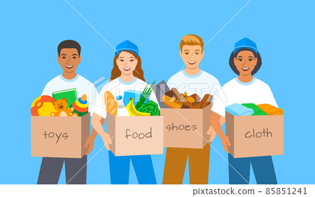 Young volunteers, boys and girls stand and hold boxes with goods for charity such as food, clothes, shoes, toys. Charitable organization workers give support for people in need. Cartoon illustration 85851241