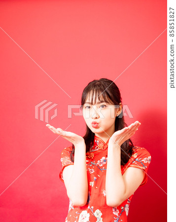 紅色背景上的長鼻肖像,由女性旗袍書寫。 紅色背景上的長鼻肖像,由女性旗袍書寫。 85851827