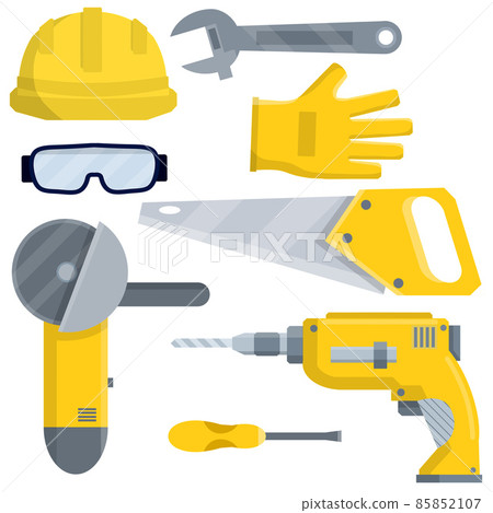Set tool of worker and the Builder. Yellow Helmet, glasses, drill, hand saw, Grinder, hammer, wrench, screwdriver, gloves. Repair kit. Cartoon flat illustration 85852107