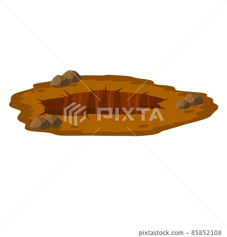 Big hole in ground. Brown dry soil and mine. Element of desert landscape. 85852108