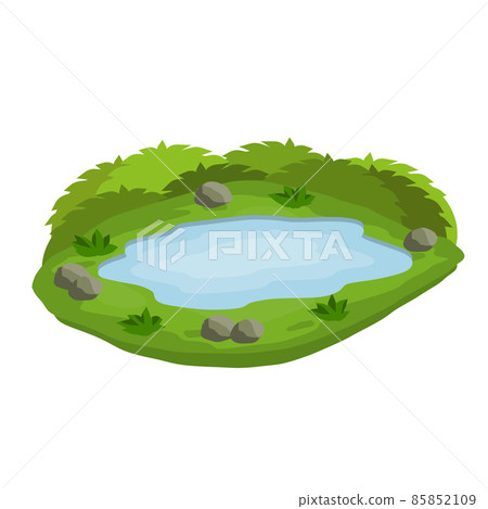 Pond and swamp, lake. Flat cartoon. Background for illustration. Landscape with grass, stones and bush. Element of nature and forest and water. Platform and ground 85852109