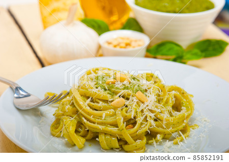 Italian traditional basil pesto pasta ingredients Italian traditional basil pesto pasta ingredients 85852191