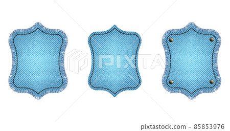 Set of blue denim patches with stitch, rivets and fringe. Light blue denim. Vintage patches 85853976