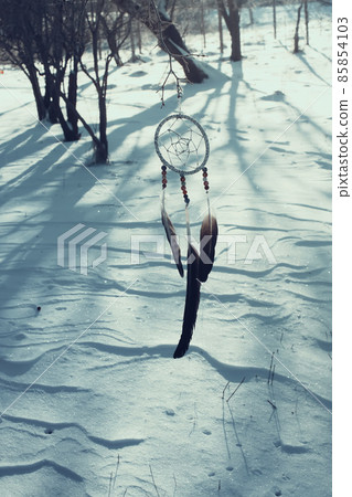 Dream catcher on winter nature background. 85854103