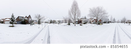 Residential Neighborhood in the Suburbs during a White Snow Storm Residential Neighborhood in the Suburbs during a White Snow Storm 85854655