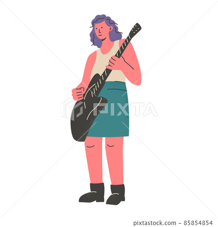 Woman playing the guitar, professional or immature musician, band member with electric or bass guitar on stage. Musical performance. Vector 85854854