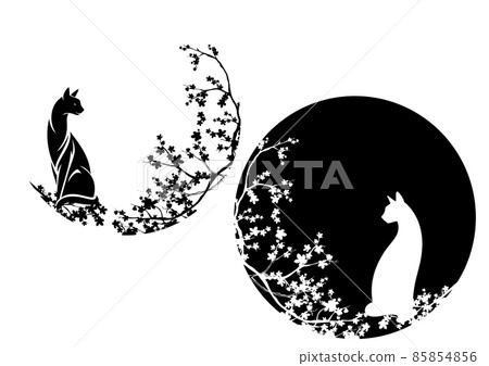 elegant pet cat among blooming sakura branches black and white vector design elegant pet cat among blooming sakura branches black and white vector design 85854856