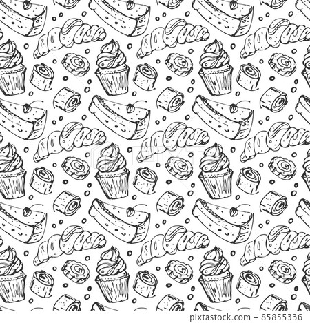 Sweet bakery, cakes seamless pattern. Hand drawn ink brush design, doodle sketchy outline style elements. Dark grey contours. White easy editable color background. Vector Sweet bakery, cakes seamless pattern. Hand drawn ink brush design, doodle sketchy outline style elements. Dark grey contours. White easy editable color background. Vector 85855336
